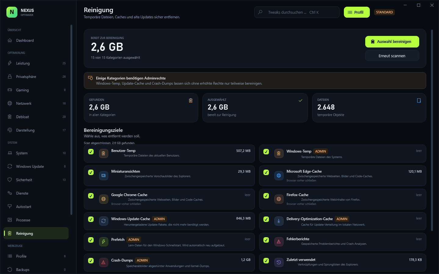 Nexus Optimizer cleanup page