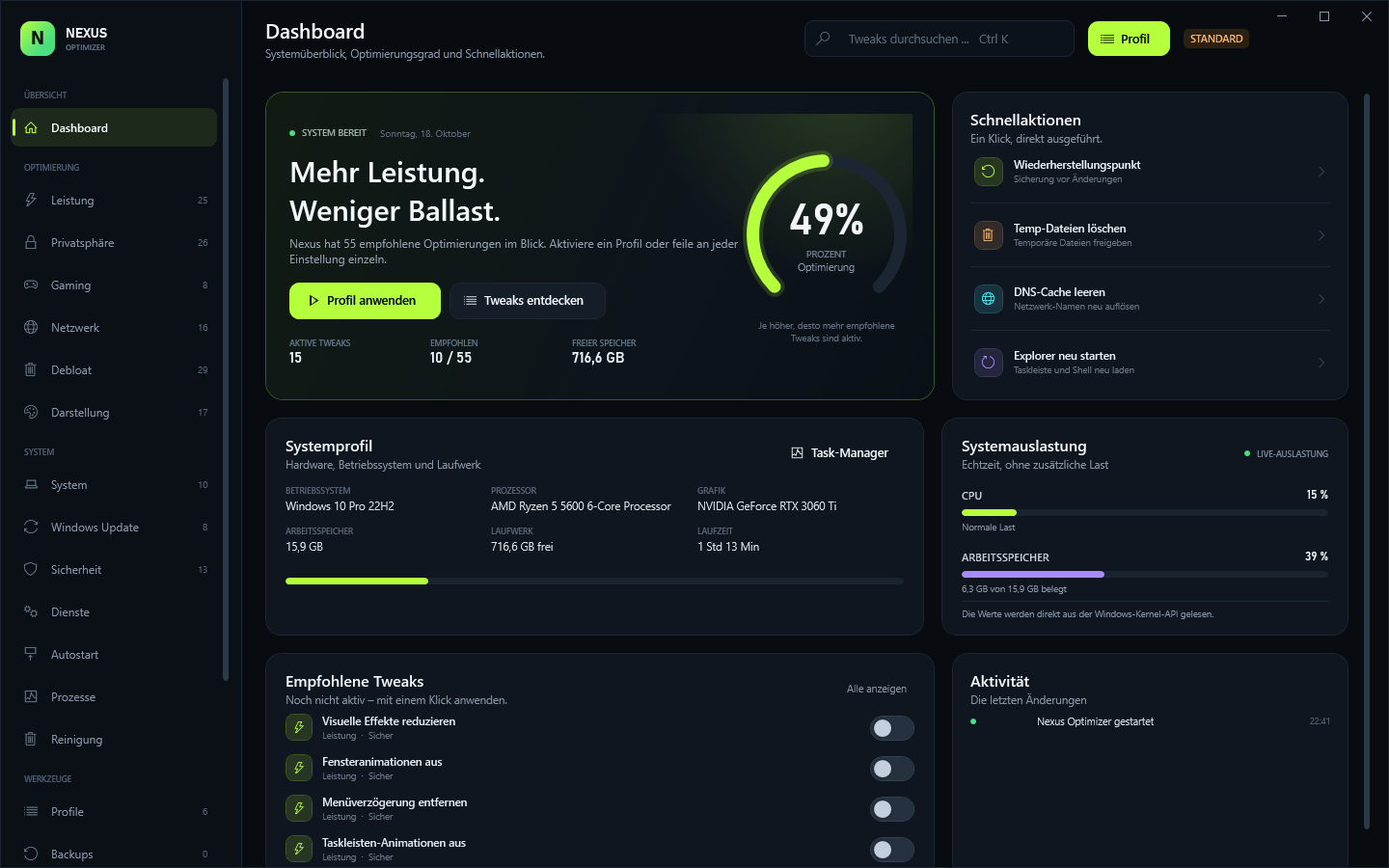 Nexus Optimizer dashboard with optimization score, live CPU and RAM and recommended tweaks
