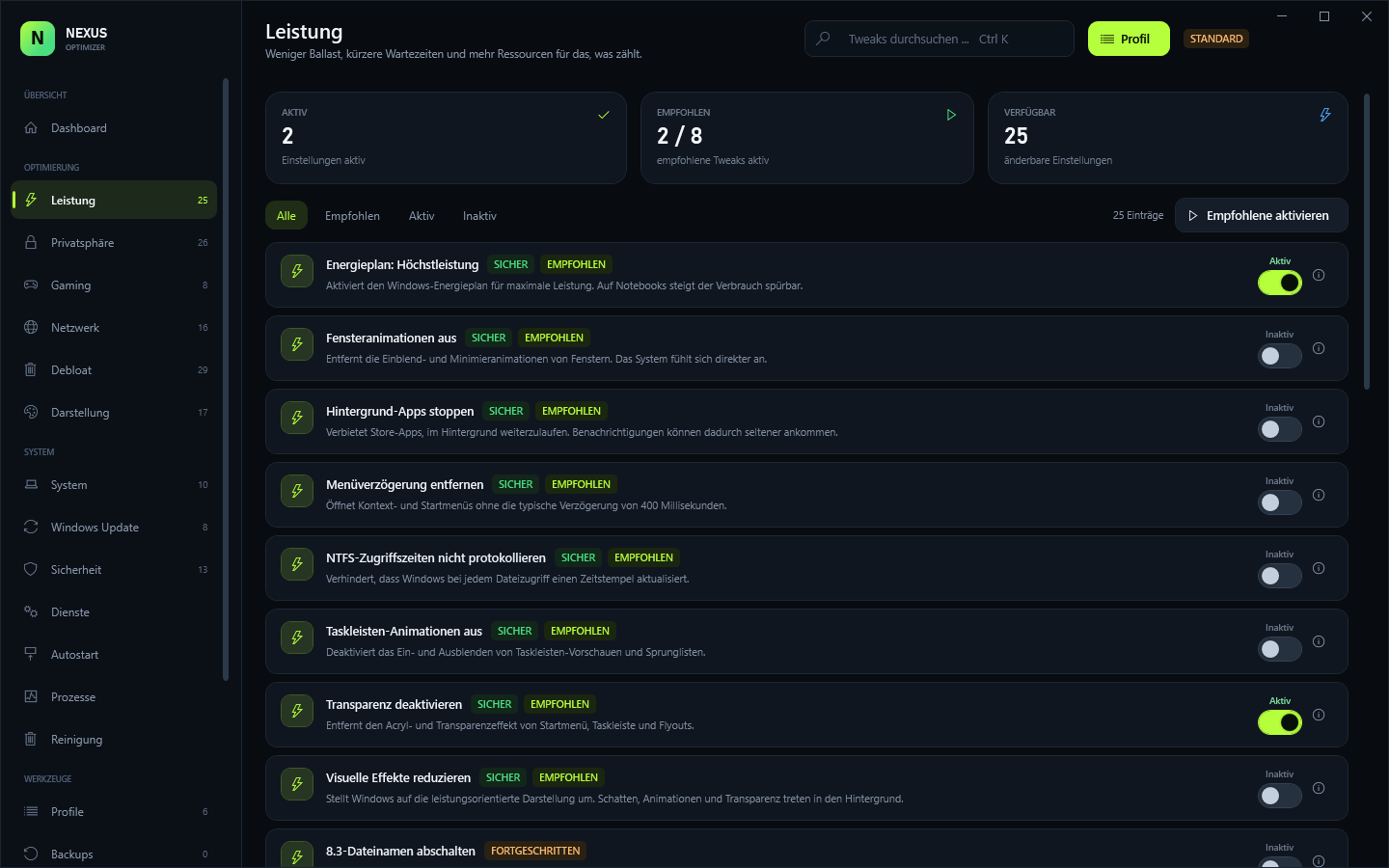 Nexus Optimizer performance page
