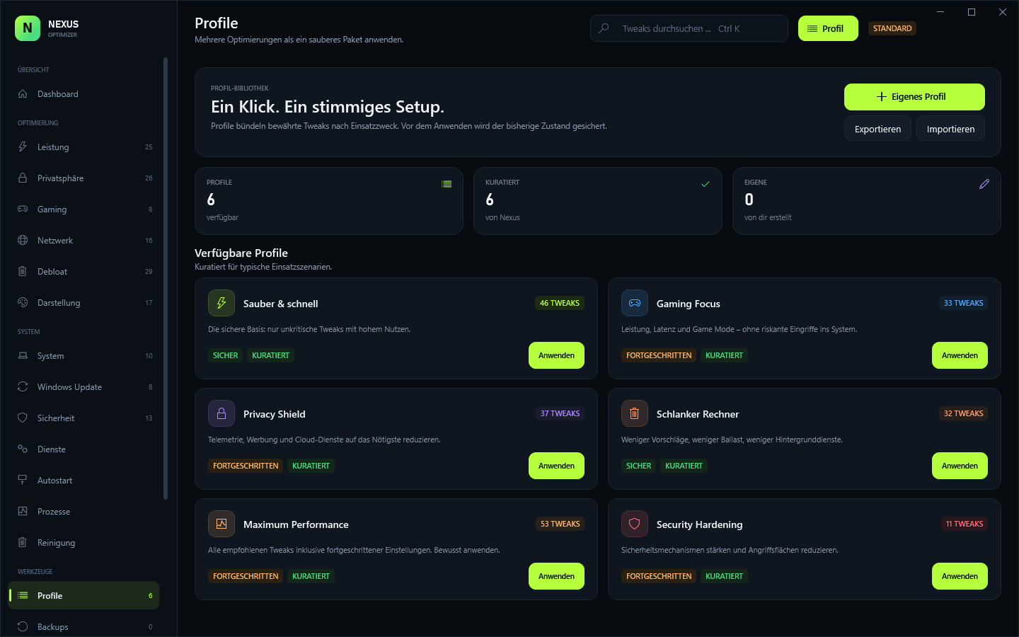 Nexus Optimizer profiles page